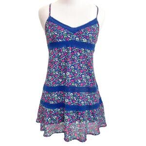 Vintage Abercrombie & Fitch Y2K Babydoll Top XS Blue Floral Lace Spaghetti Strap